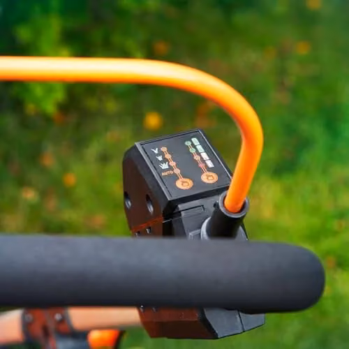 LawnMaster MX 24V Orange Cordless Lawnmower with 46cm Cutting Width, Rechargeable Battery, Collection Bag and Mulching Kit – 5