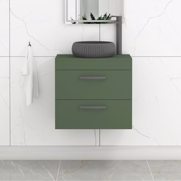 Royal Bathrooms Turin Wall Hung Vanity Unit with 2 Drawers and Milan Black Countertop Basin, Matt Green with Brushed Brass Handle, Width: 60 cm