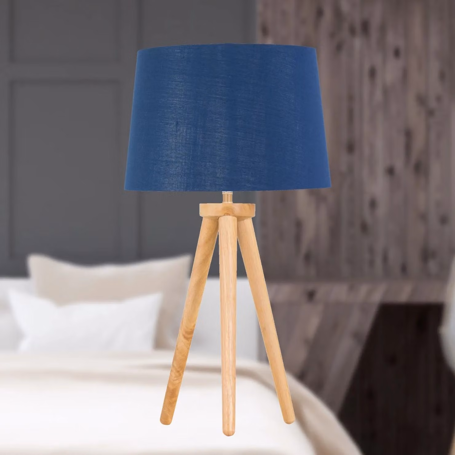 First Choice Lighting Voyage Light Oak Table Lamp with Blue and Silver Fabric Shade – 3