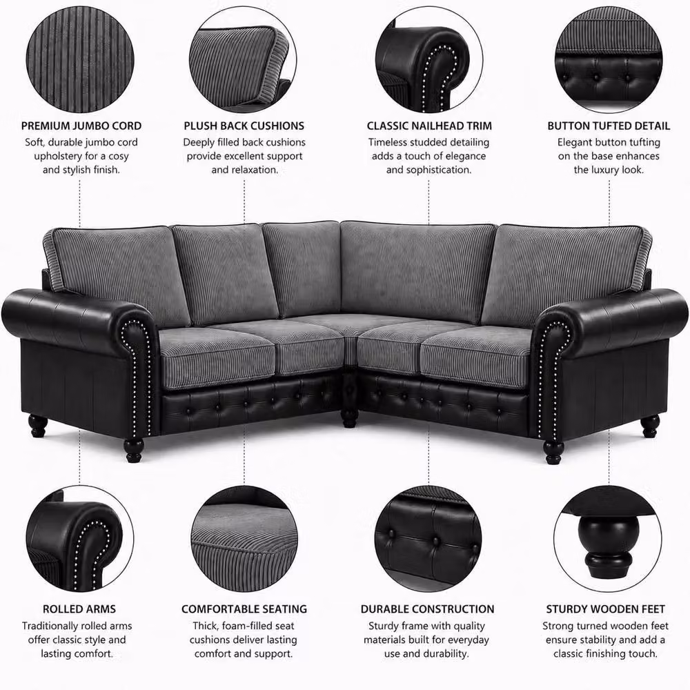 LUXURY LIFE Woodland Grey L-Shape Corner Sofa in Leather and Jumbo Cord Fabric – 2