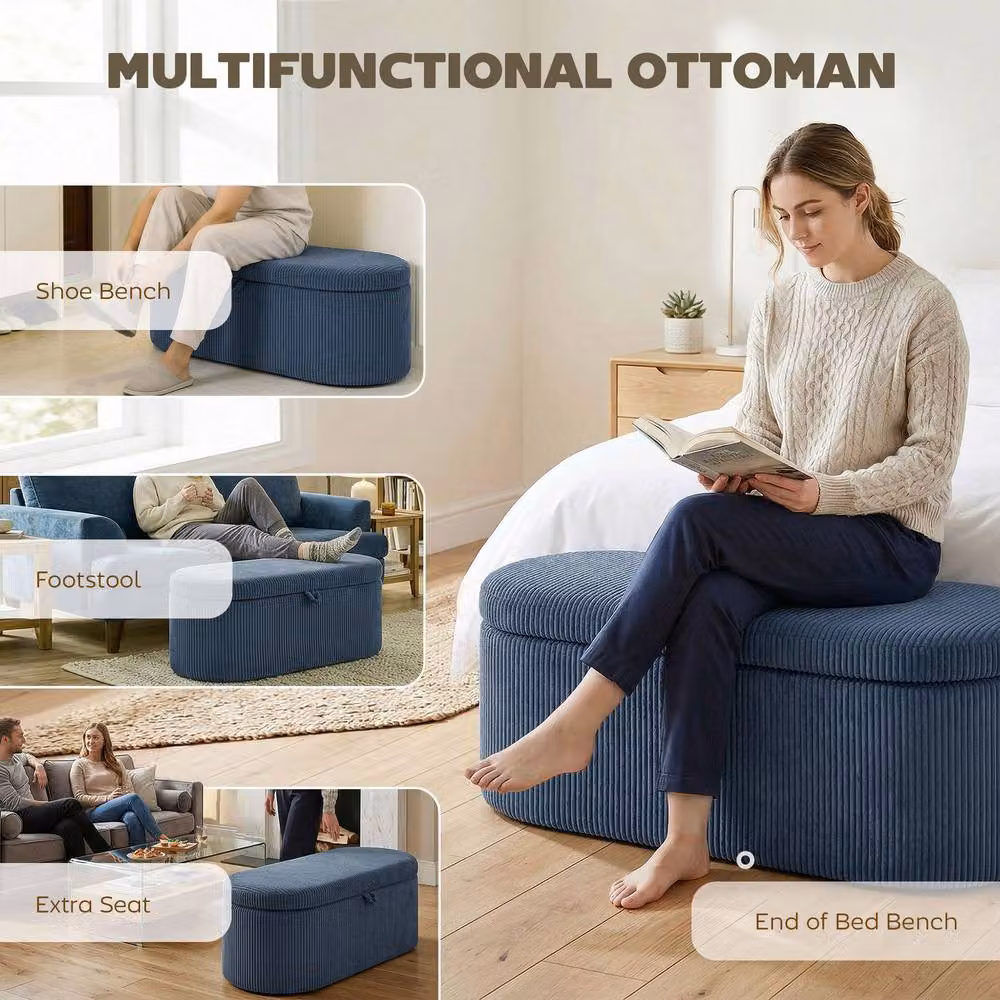 STILVORA Blue Corduroy Storage Ottoman with Hidden Compartment – 8