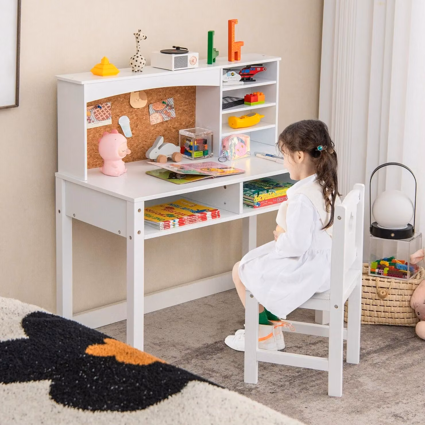 Costway Wooden Desk and Chair Set with Shelf in White – 2