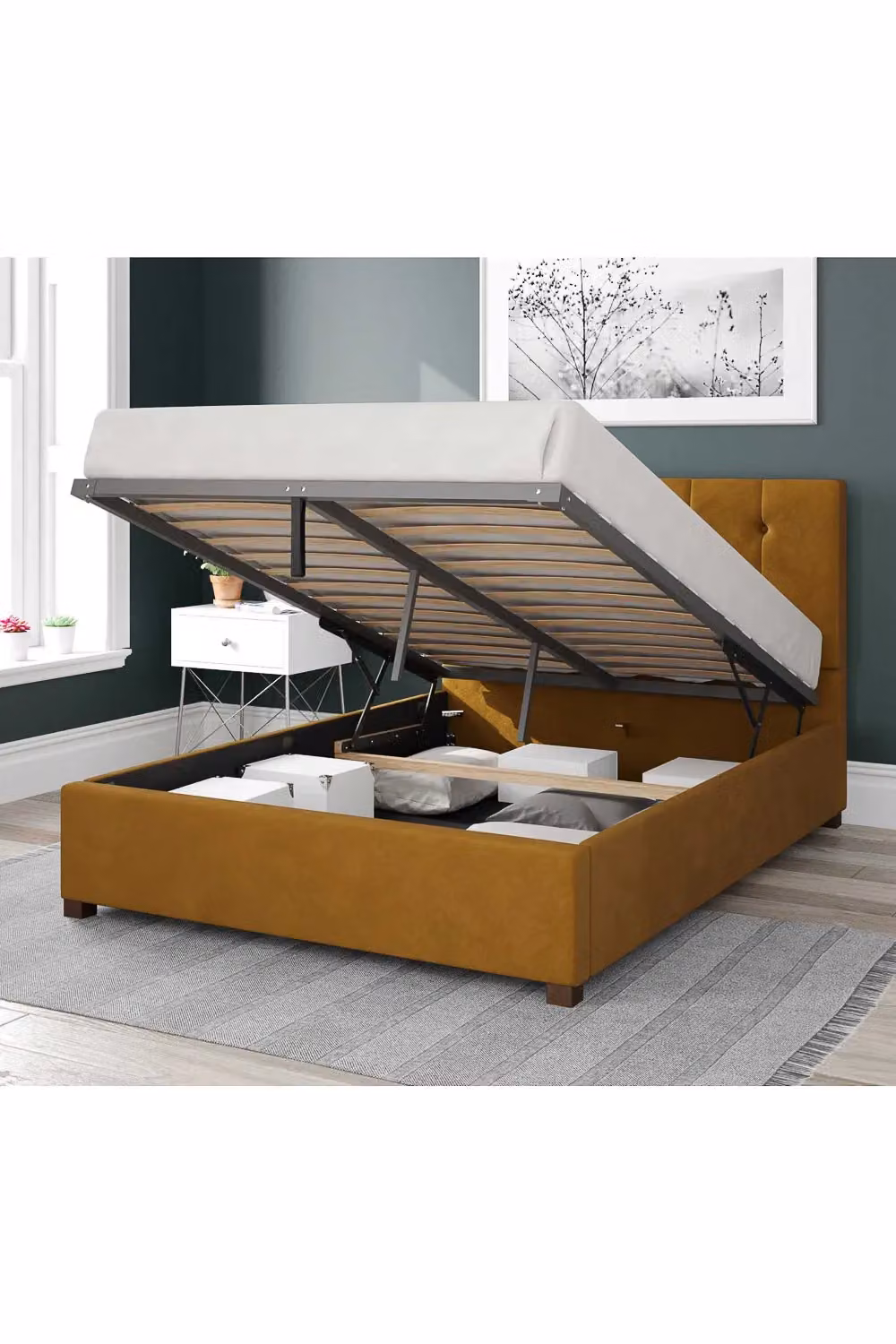 Aspire Hepburn Super King Upholstered Ottoman Storage Bed in Mustard Yellow Plush Velvet Fabric, W/D/H: 200 x 200 cm – 2