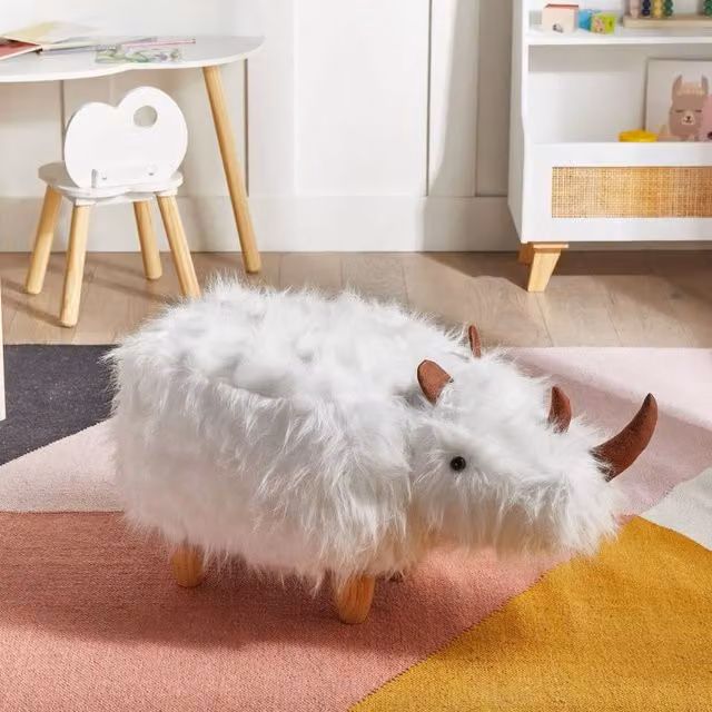 Wyld and Coco Rhino Kids Stool in White Faux Fur with Rubberwood Legs – 1