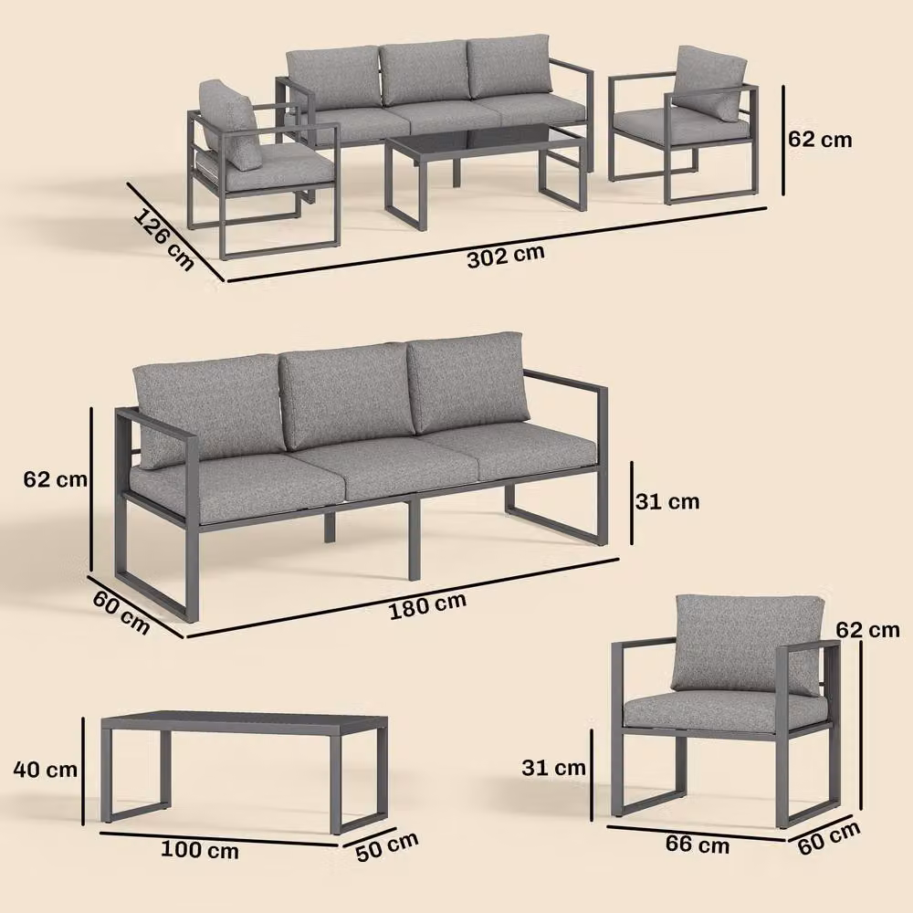 OUTSUNNY Modern Upholstered Patio Furniture Set with Powder Coated Aluminium Frame in Grey – 3