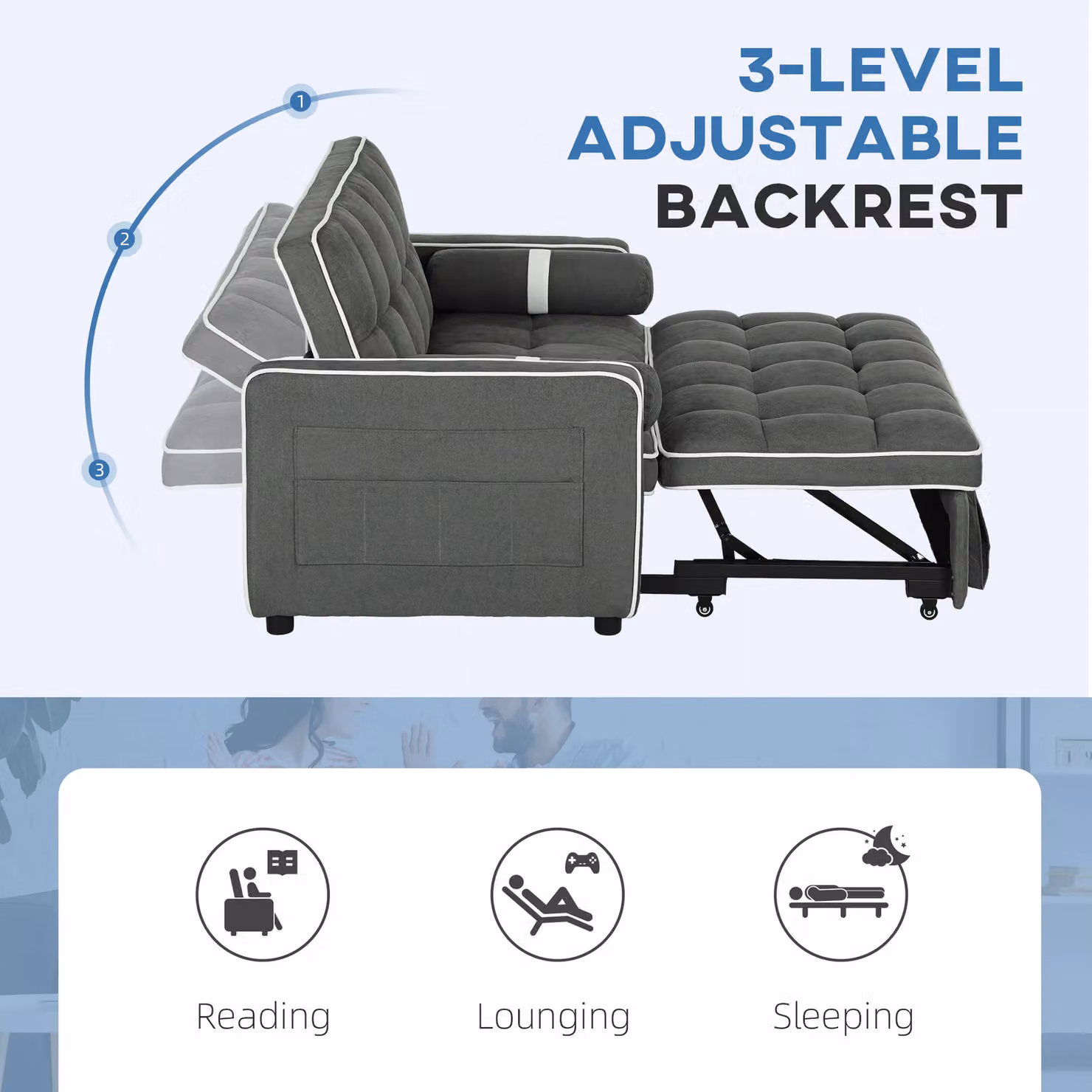 HOMCOM 2 Seater Pull Out Sofa Bed with Adjustable Backrest in Dark Grey – 5