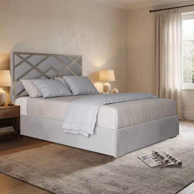 KDMD Ripponden Double Designer Bed Frame in Grey Velvet with Metal Accents, W/D/H: 140 x 200 x 135 cm – 1