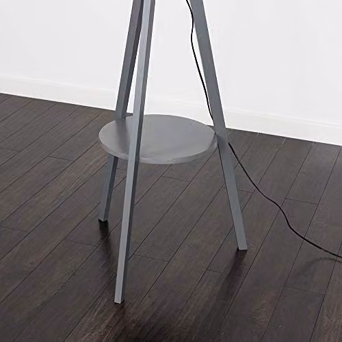 ValueLights Morrigan Grey Wood Tripod Floor Lamp with Blue Fabric Cylinder Shade and LED Bulb – 5