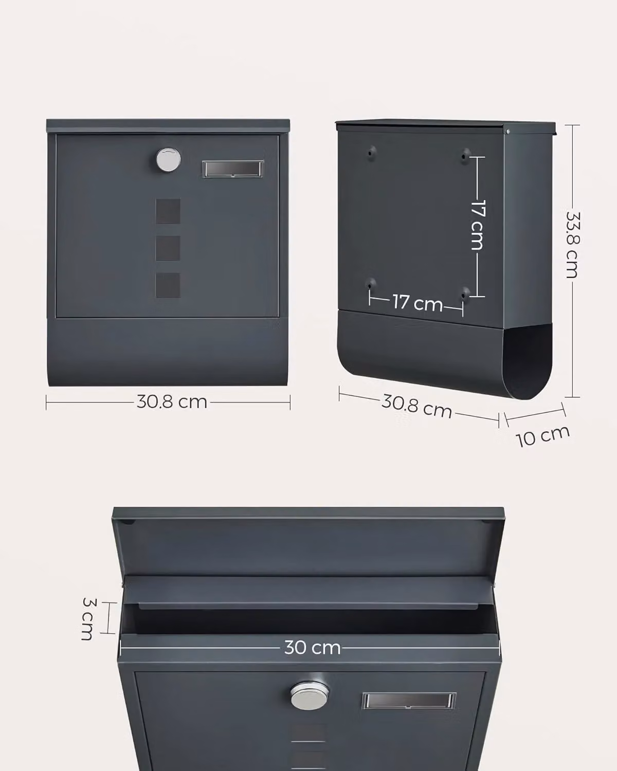 SONGMICS Wall Mounted Steel Letterbox in Anthracite Grey, W/D/H: 33.8 x 30.8 x 10.0 cm – 2