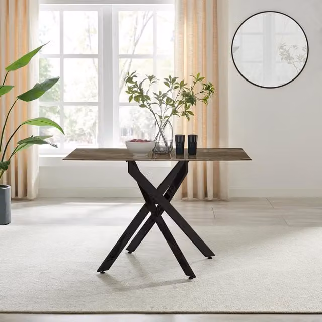 FurnitureboxUK Leonardo 4-Seater Rectangular Dining Table with Dark Brown Marble Effect Glass Top and Black Metal X-Frame Legs – 1
