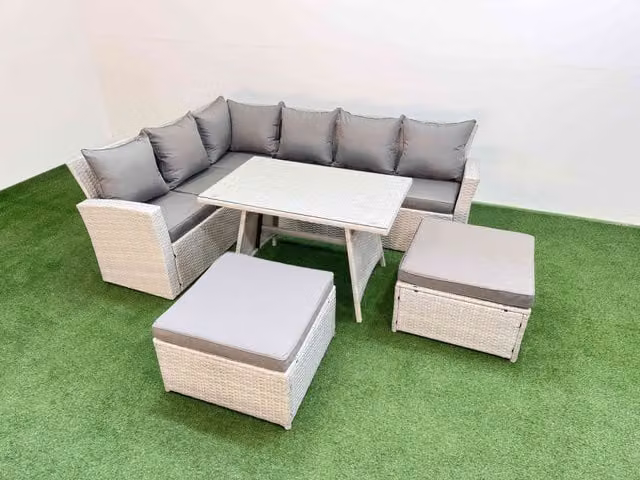 Fimous Garden 8 Seater Outdoor Rattan Furniture Set with 2 Large Footstools in Light Grey