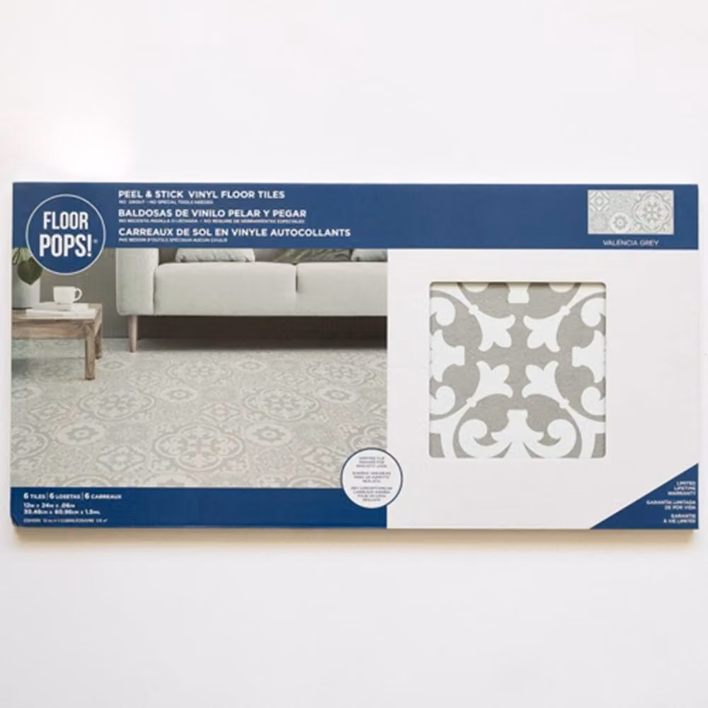 FloorPops Valencia Grey Self Adhesive Mediterranean Tile Look Vinyl Floor Tiles, Pack of 6 (1.12sqm), W: 30.5 cm x D: 60.96 cm – 2