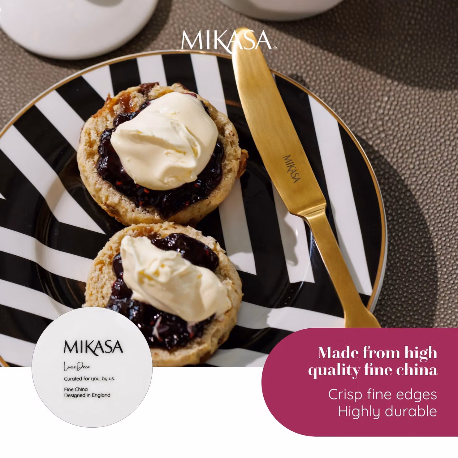 Mikasa Luxe Deco Bone China Side Plates, Set of 4, Black and Gold, Diameter: 21 cm – 6
