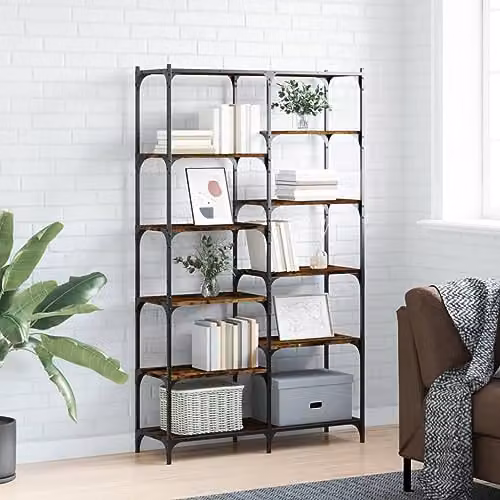 vidaXL Industrial Bookshelf in Smoked Oak, W/D/H: 100 x 32 x 170 cm, Made of Engineered Wood and Metal – 2