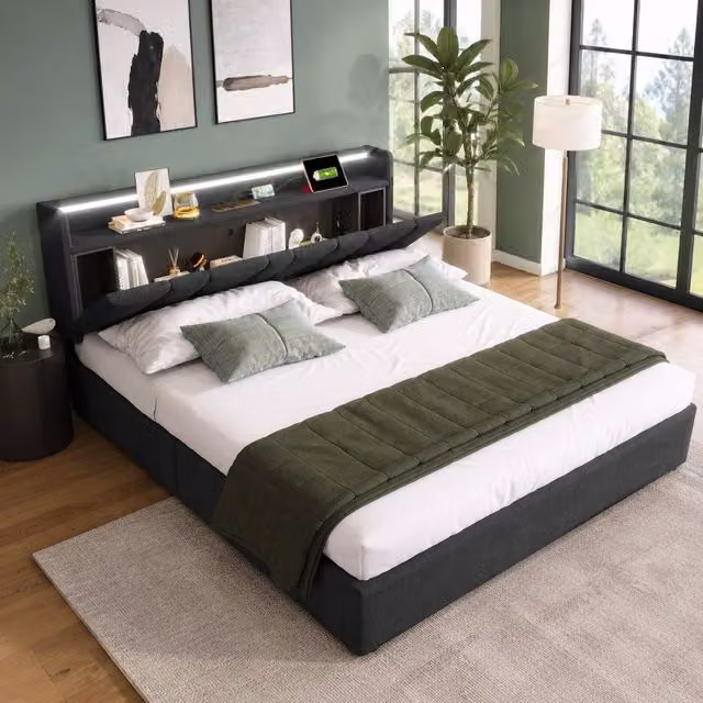 STILVORA Double Bed Frame in Grey with Upholstered Storage Headboard, LED Lighting and USB Charging Ports