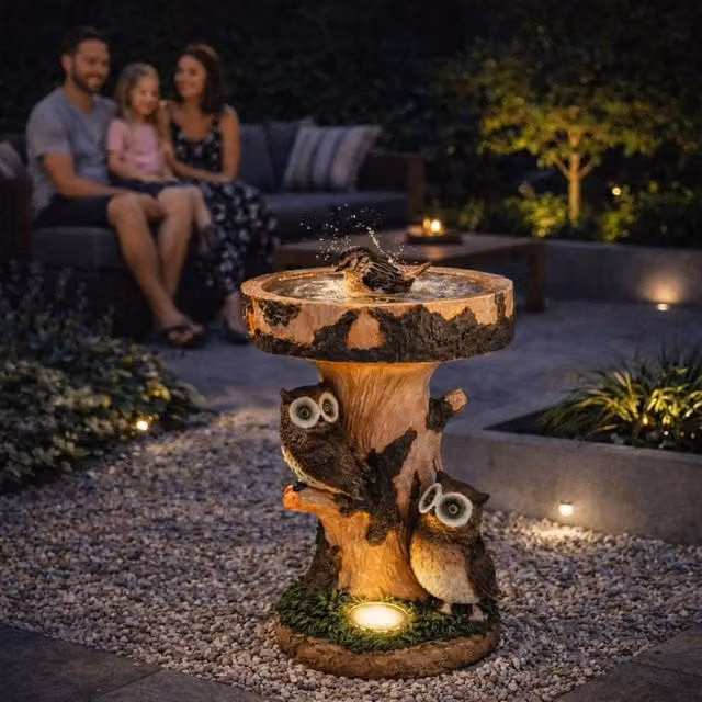 Gardenwize Solar Owl Garden Bird Bath with LED Light in Brown – 1