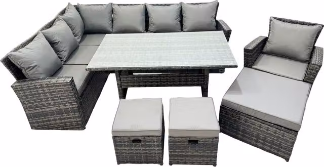 Fimous 10 Seat Rattan High Back Corner Sofa Set with 3 Stools in Dark Grey – 1