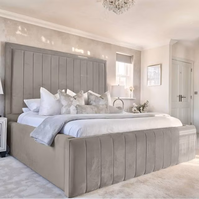 UK Bed Furniture Geneva Upholstered Single Bed Frame in Light Grey, W/D/H: 90 x 190 cm
