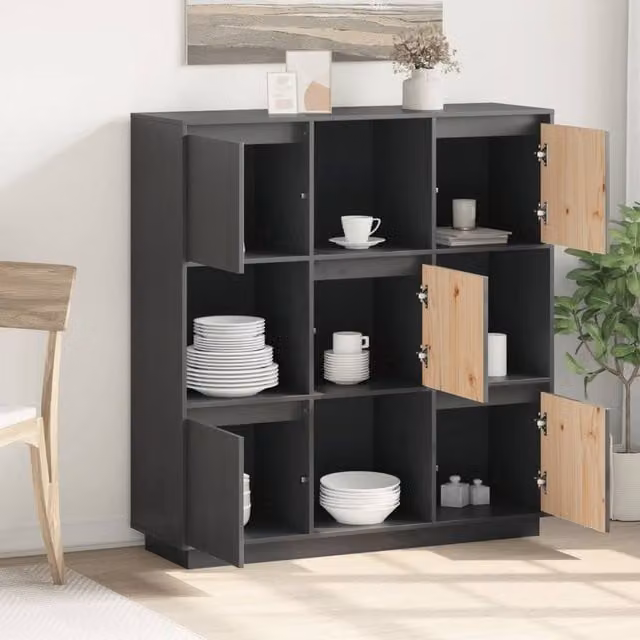 Berkfield Home Grey Solid Wood Pine Highboard with Hinged Doors, W/D/H: 110.5 x 35 x 117 cm