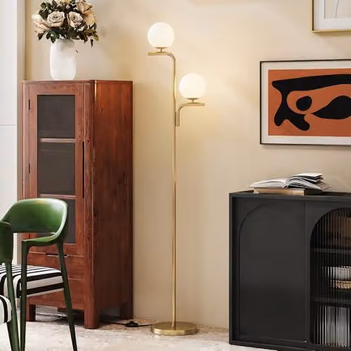 HOMCOM Modern LED Floor Lamp with Glass Sphere Shade and Foot Switch, Gold/Brass and White – 6