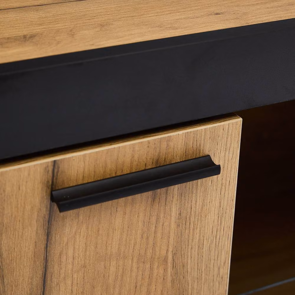 Merax Industrial Oak and Black LED TV Stand with Drawer and Glass Shelves – 8