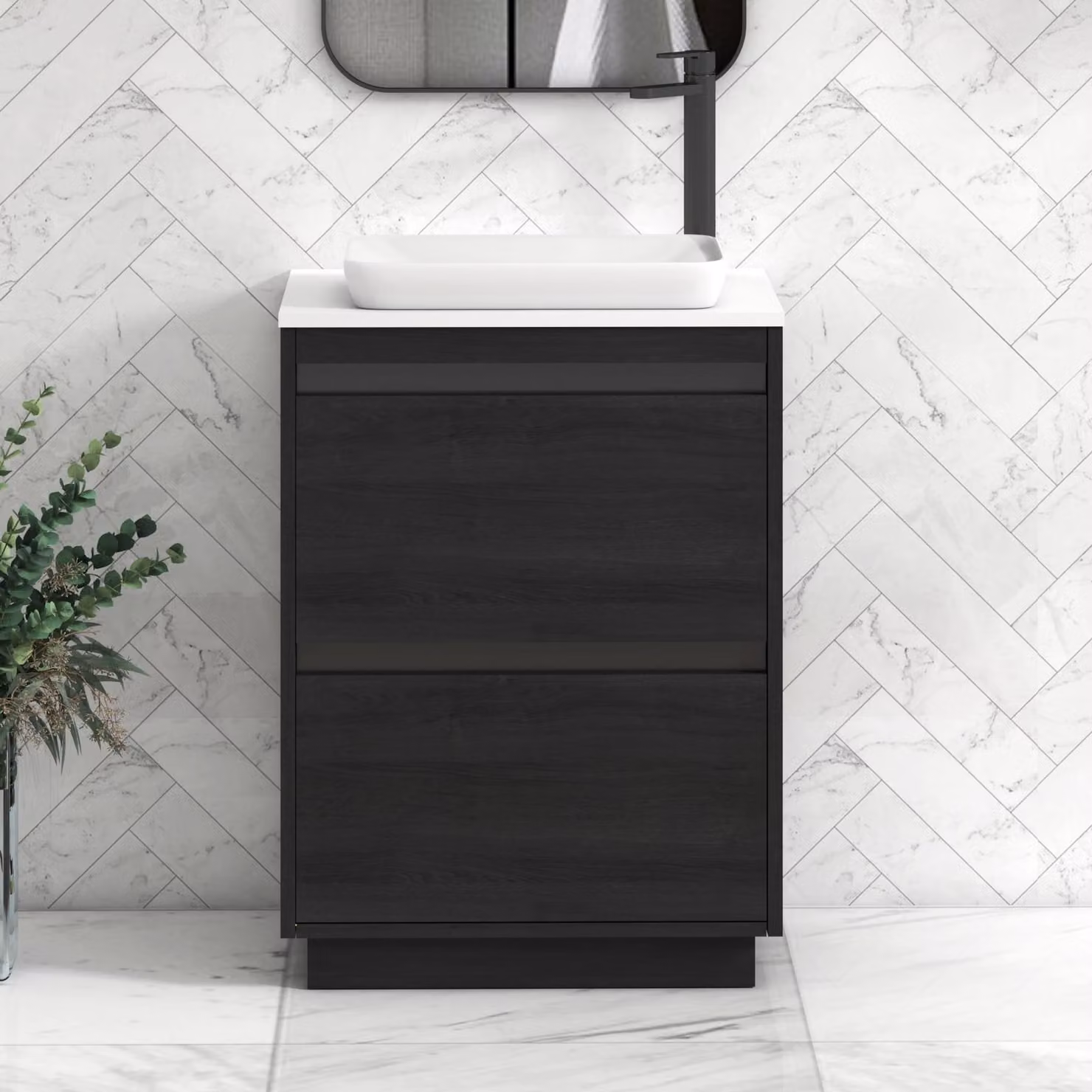 Royal Bathrooms Orion 600mm Hale Floor Standing Vanity Unit with Qubix Basin and 2 Drawers in Plain White and Black Accent Trim