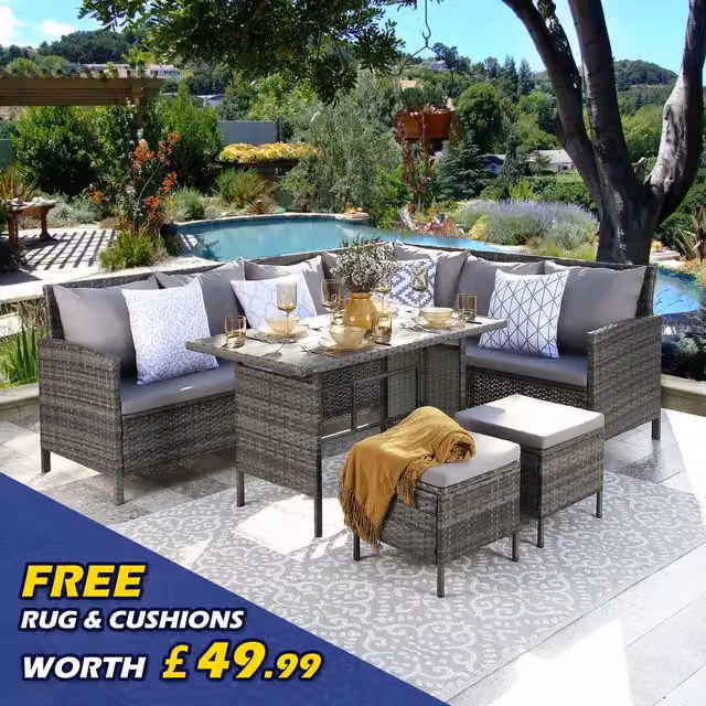 Home Garden Direct Modern Floral Rattan Corner Sofa Set with Glass Table and Cushions in Grey and Beige