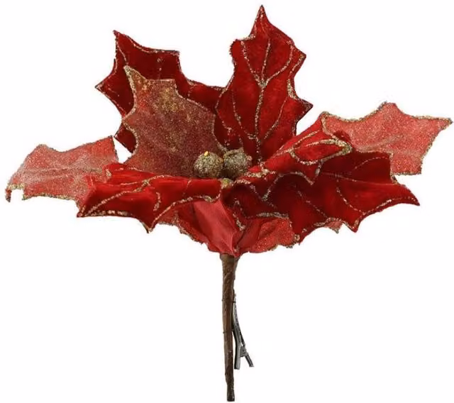 KDMD Single Poinsettia Floral Decoration in Red and Gold, 2 Pack