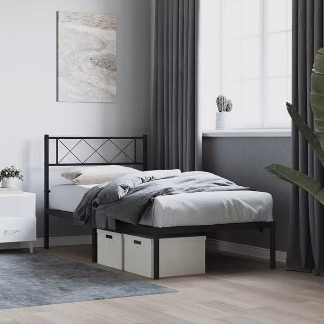 Berkfield Home Metal Bed Frame with Headboard in Black, W/D/H: 75 x 190 cm Small Single – 1