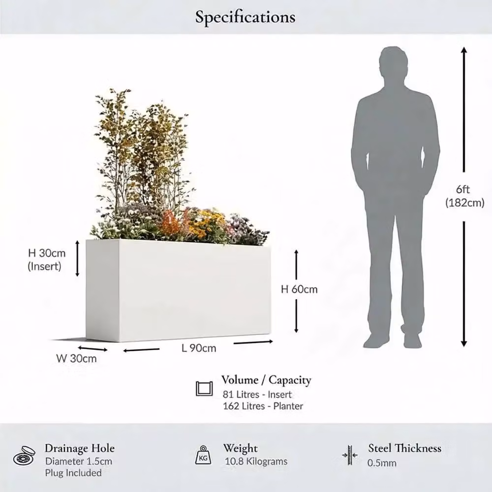 Woven Wood Matte White Trough Planter with Galvanised Steel, W: 90 cm, H: 60 cm, D: 30 cm – 2