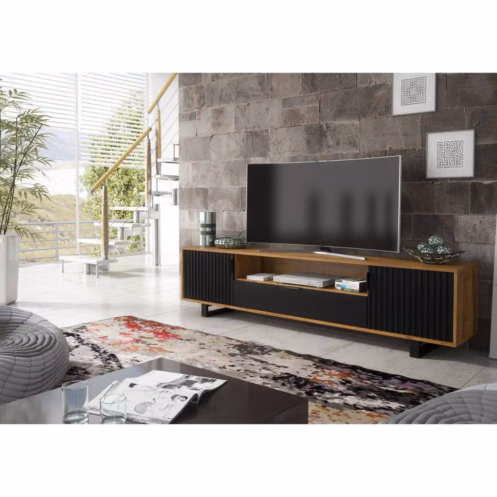 Mex Furniture LTD Blackridge TV Unit in Dark Oak and Black with Fluted Doors and Drawer, W: 200 cm, H: 45 cm, D: 35 cm – 2