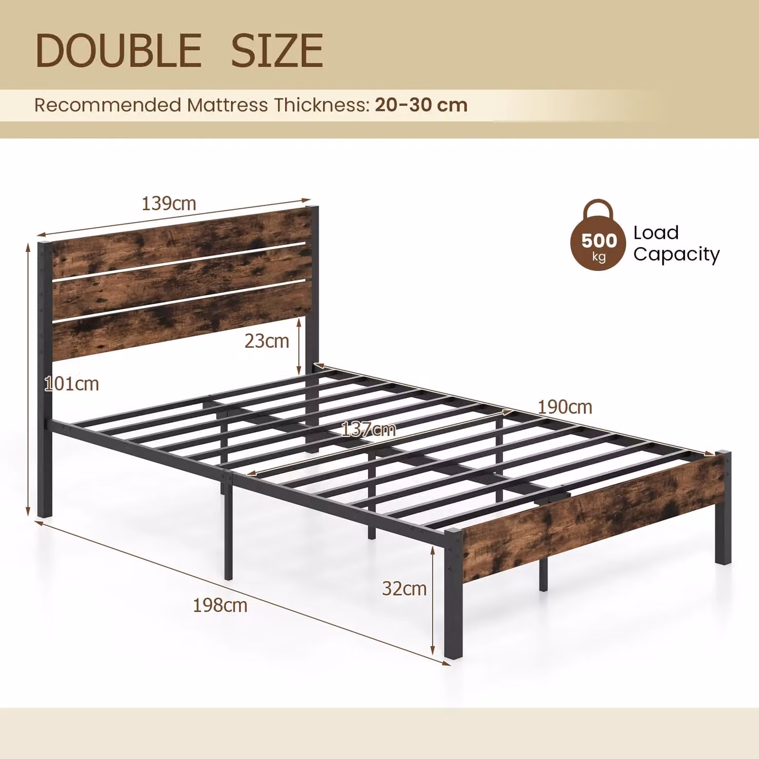 Gymax Double Metal Platform Bed Frame with High Headboard, Brown, W/D/H: 140 x 200 cm – 2