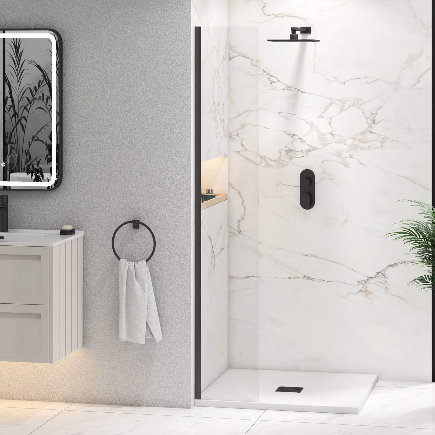 Royal Bathrooms Marbella Walk In Wet Room Shower Screen, Matt Black, Clear 8mm Easy Clean Glass, W: 30 cm, H: 185 cm, D: 3 cm