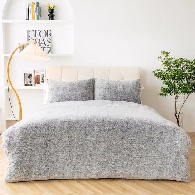 OHS Teddy Marl Grey Winter Duvet Set with Pillowcase, W: 140 cm, L: 200 cm