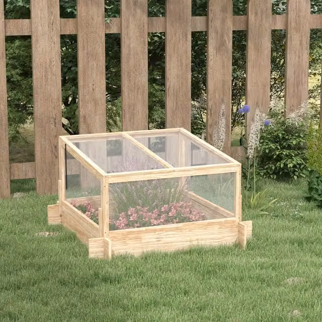 Outsunny Raised Wooden Garden Bed with Hinged Polycarbonate Greenhouse Top in Rustic Brown