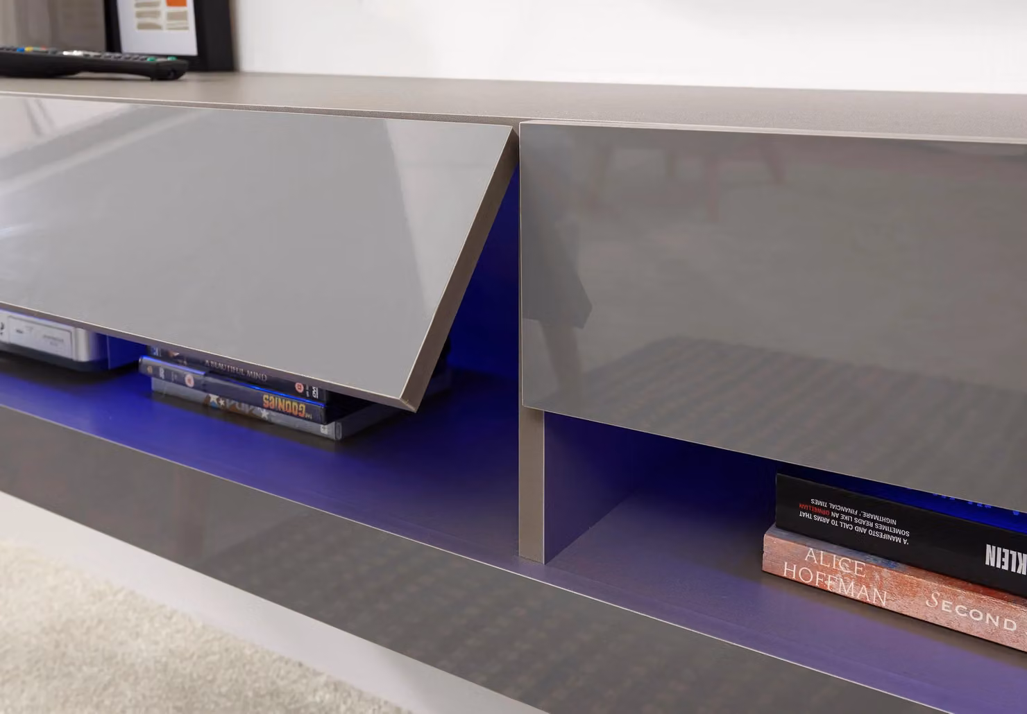 GFW Galicia Wall Mounted TV Unit with LED Lighting in Glossy Grey, Width: 150 cm – 4