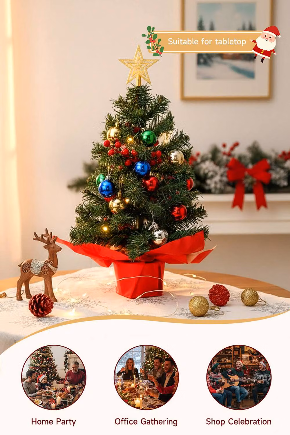 Living and Home 57cm Tabletop Pre-lit Christmas Tree with Multicolour Ball Ornaments – 3
