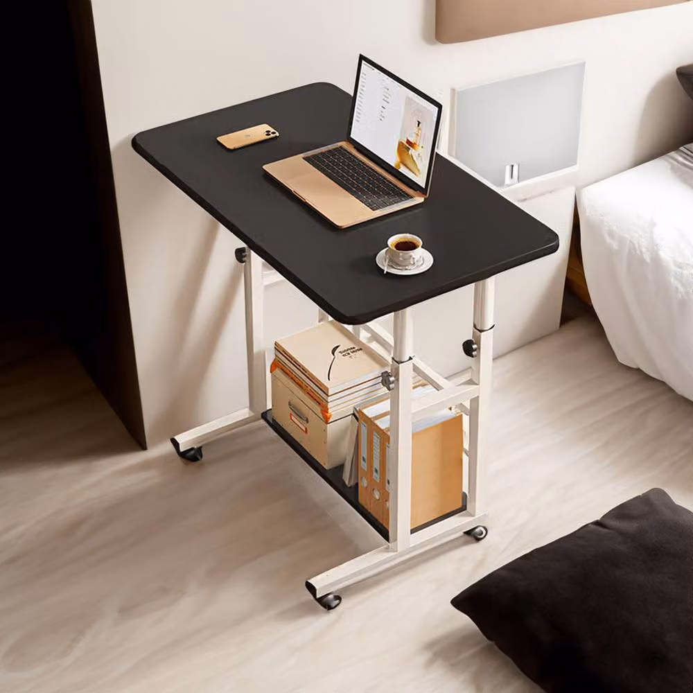Living and Home Height Adjustable 2-Tier Mobile Overbed Desk with Shelves and Castors, Black – 3