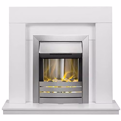 Adam Fires & Fireplaces Malmo Fireplace in White with Helios Electric Fire in Brushed Steel, 39 Inch, Grey – 1