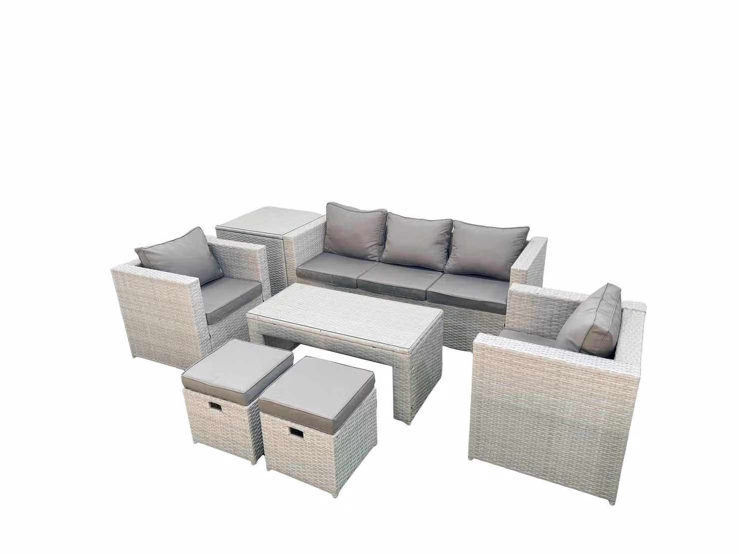 Fimous 7 Seater Rattan Garden Furniture Set in Grey with Outdoor Sofa, Armchairs, Ottoman, Coffee Table and Weather Resistant Cushions – 2