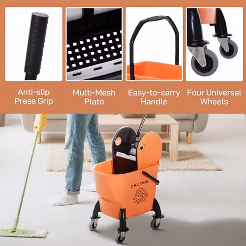 HOMCOM 26L Mop Bucket with Wringer and Wheels in Orange – 5