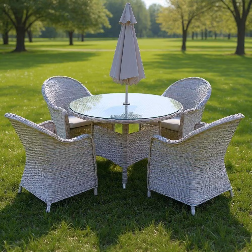 Shatchi Sorrento 4-Seater Rattan Round Garden Dining Table and Chairs Set in Sand with Powder Coated Aluminium Frame – 2