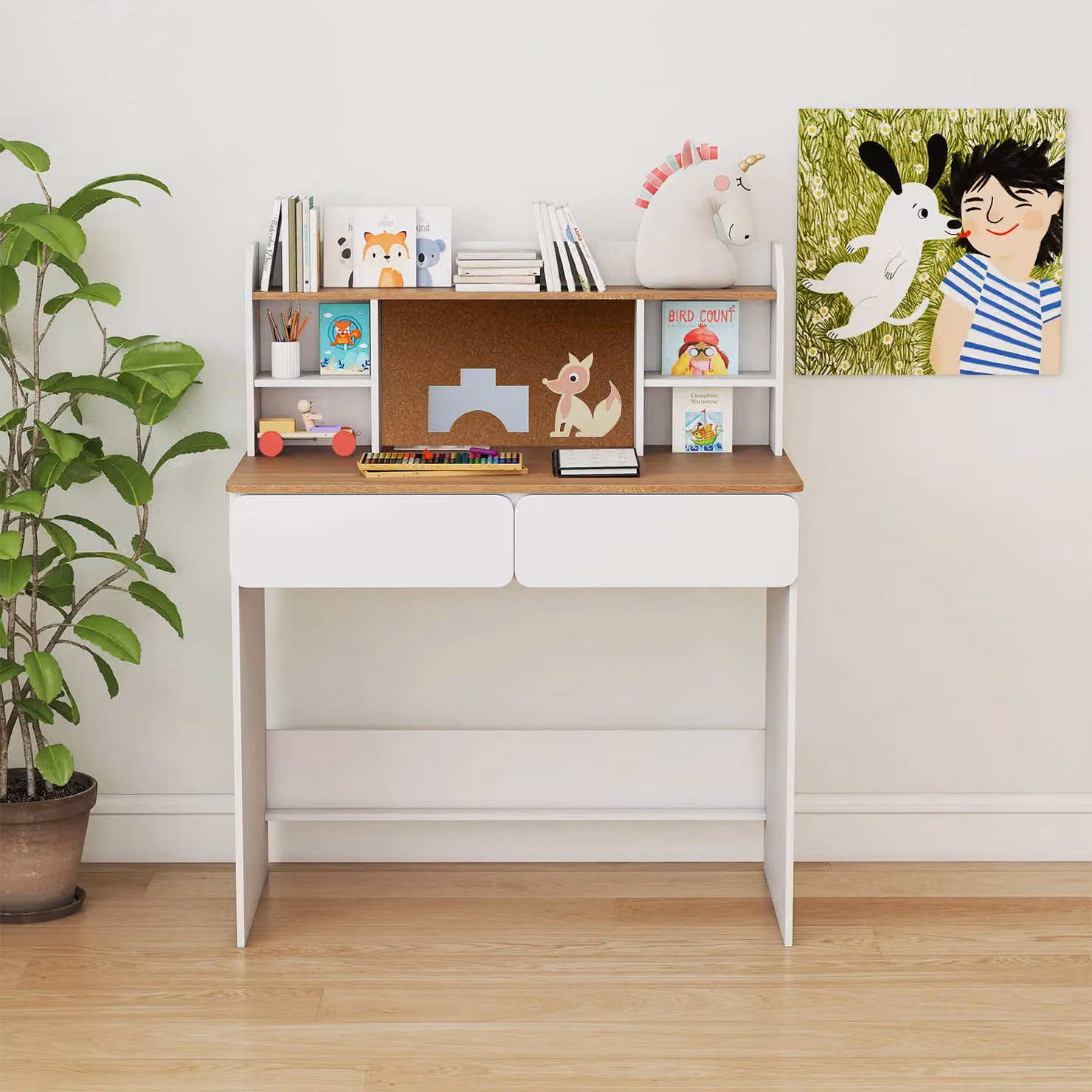 Costway White Student Writing Desk with Cork Bulletin Board for Home Office or Children's Room – 2