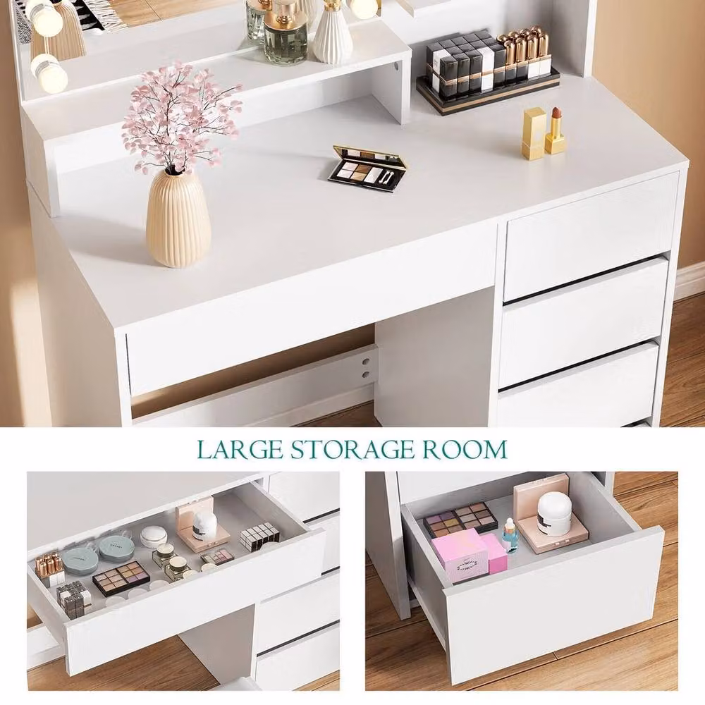 NESTLUNE Modern White Dressing Table with 5 Drawers and Hollywood LED Mirror Set, W: 100 cm, D: 15 cm – 2