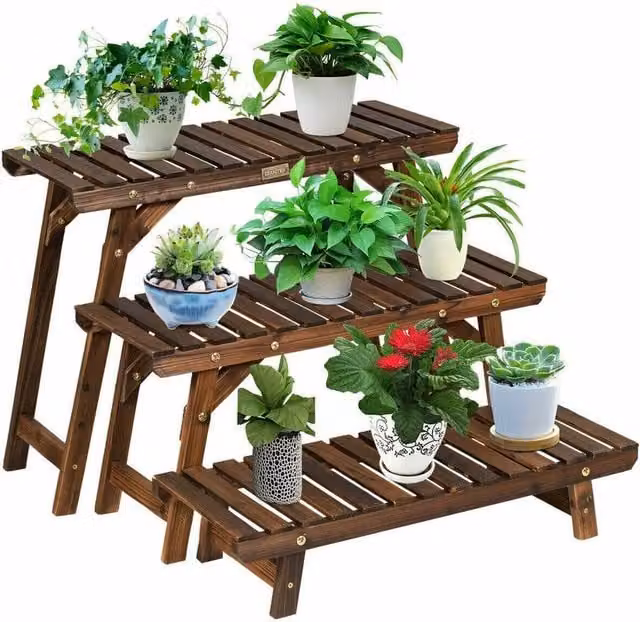 KORVIXA 3 Tier Rustic Wood Ladder Plant Stand, Brown, H 70 cm x W 15 cm x D 15 cm – 1
