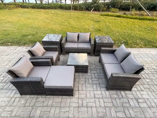 Fimous Rattan Garden Furniture Set in Dark Grey with U-Shape Sofa, Coffee Table and Ottoman