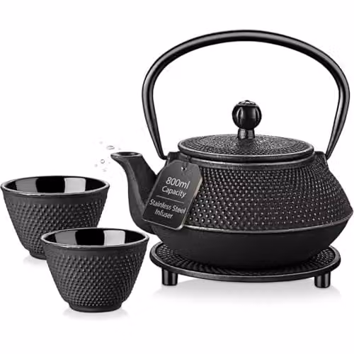 Gr8 Home 5 in 1 Cast Iron Japanese Style Teapot Set with Infuser, Cups and Trivet, Black, 800ml