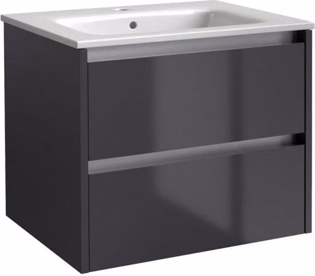 Clifton Grey Gloss 2-Drawer Wall Hung Bathroom Unit with Basin, Width: 60 cm – 1