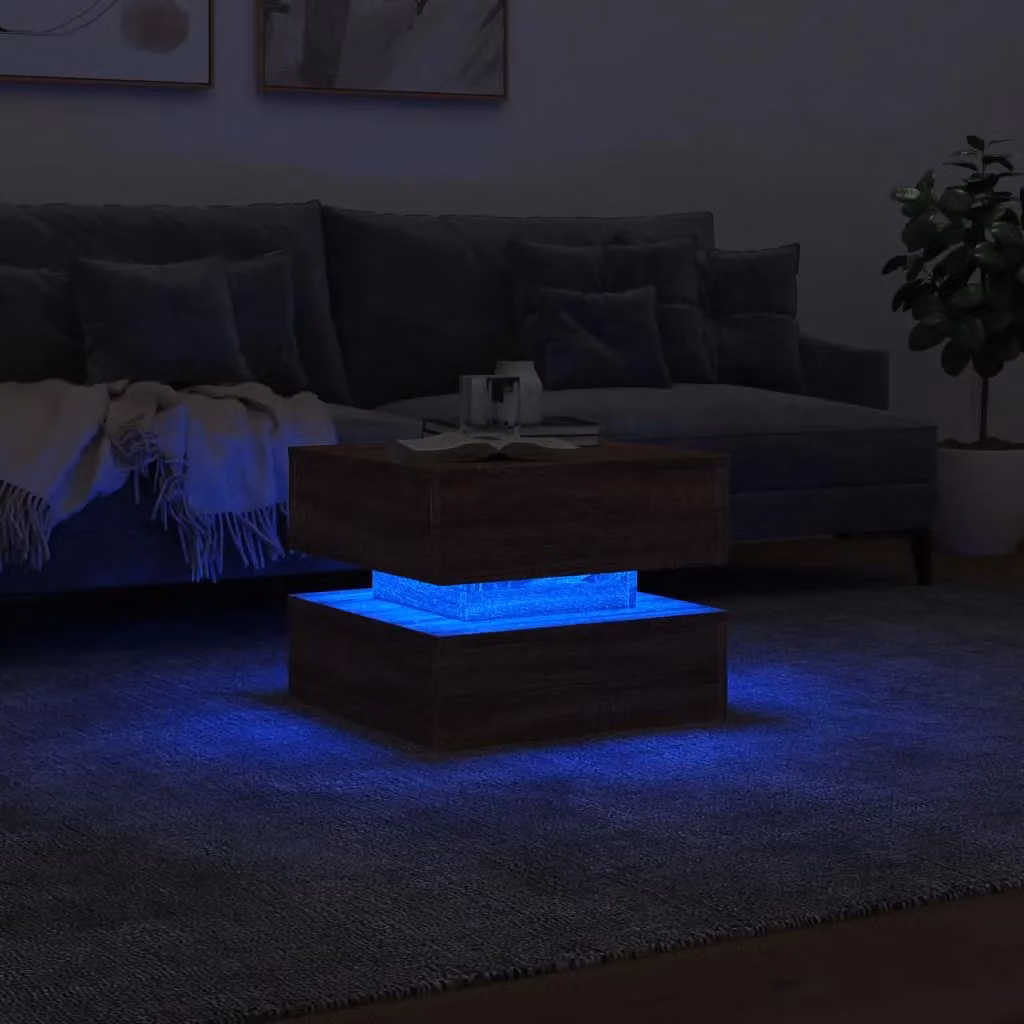 Berkfield Home Modern Square Coffee Table in Brown Oak with LED Lights, W/D/H: 50 x 50 x 40 cm – 5