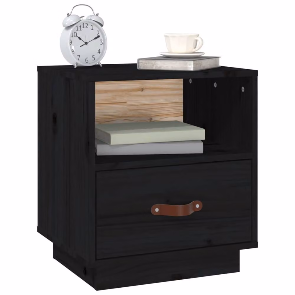 Berkfield Home Black Rustic Solid Wood Pine Bedside Cabinet W: 40 cm, D: 34 cm, H: 45 cm – 3